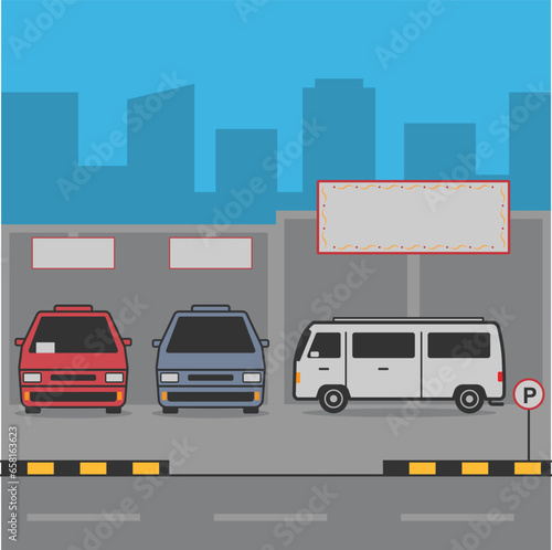 vans at Bus station in Pakistan minimal illustration lari adda