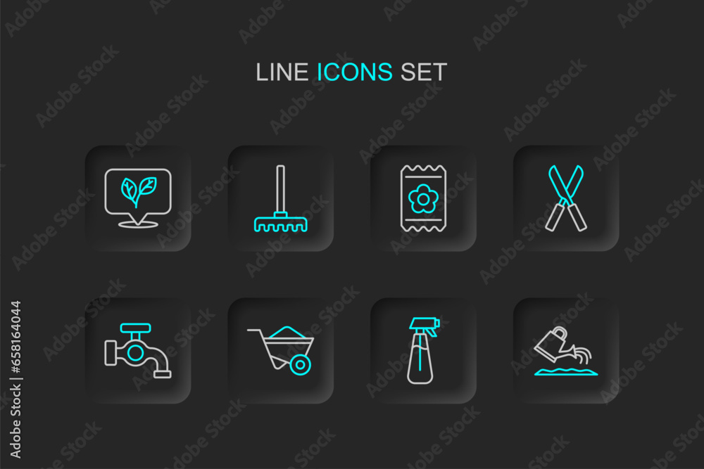 Set line Watering can, Garden sprayer for water, Wheelbarrow, tap, Gardening scissors, Pack full of seeds, rake and Leaf icon. Vector