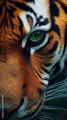 Extreme Close-Up Portrait A Strong Bengal Tiger Of Face Selective Focus Background