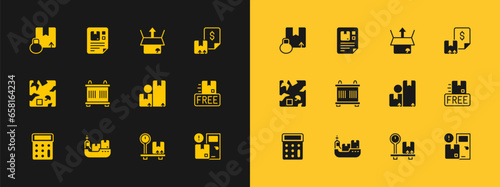 Set Waybill, Cargo ship with boxes delivery, Carton cardboard, Scale, Container, Unboxing, and icon. Vector