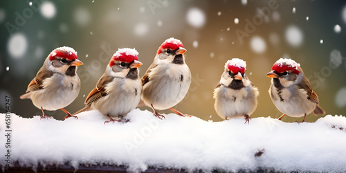 beautiful funny small birds sit on a branch in the winter garden under the falling snow Charming Birds Enjoying Snowfall in a Garden. AI Generative