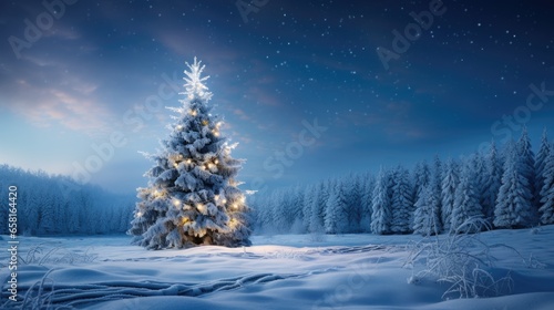 Christmas tree with lights in winter forest with snow at frosty Christmas night. Beautiful winter holiday landscape.