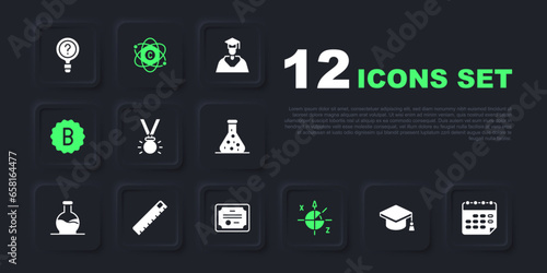 Set Graduation cap, School timetable, Medal, Trigonometric circle, Exam paper with incorrect answers, Ruler, Atom and Certificate template icon. Vector