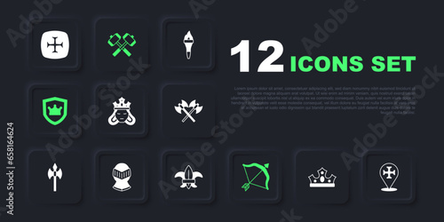 Set King crown, Crusade, Princess or queen, Medieval bow and arrow, Shield with, helmet, Crossed battle hammers and Fleur lys lily flower icon. Vector