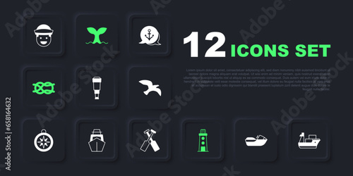 Set Jet ski, Cargo ship, Spyglass telescope lens, Lighthouse, Nautical rope knots, Yacht sailboat, Whale tail and Crossed oars or paddles icon. Vector
