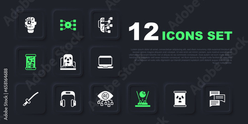 Set Radioactive waste in barrel, Speech bubble chat, warning lamp, Hologram, Cryogenic capsules, Headphones, Neural network and Computer vision icon. Vector
