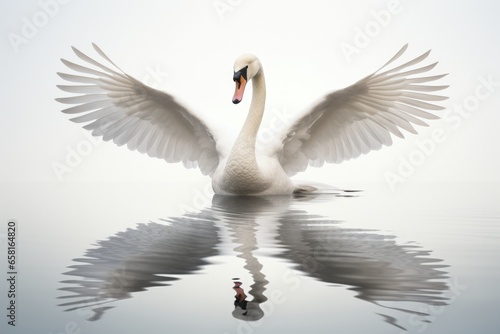 Beautiful white swan flaps its wings, splashing water drops on river or lake. Graceful bird show wings on white