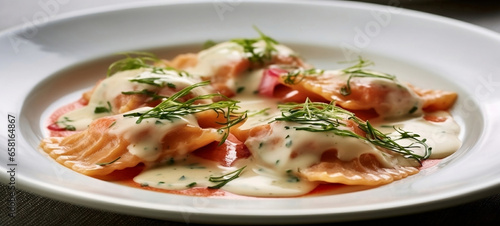 Lobster ravioli with bisque sauce. Generative AI.