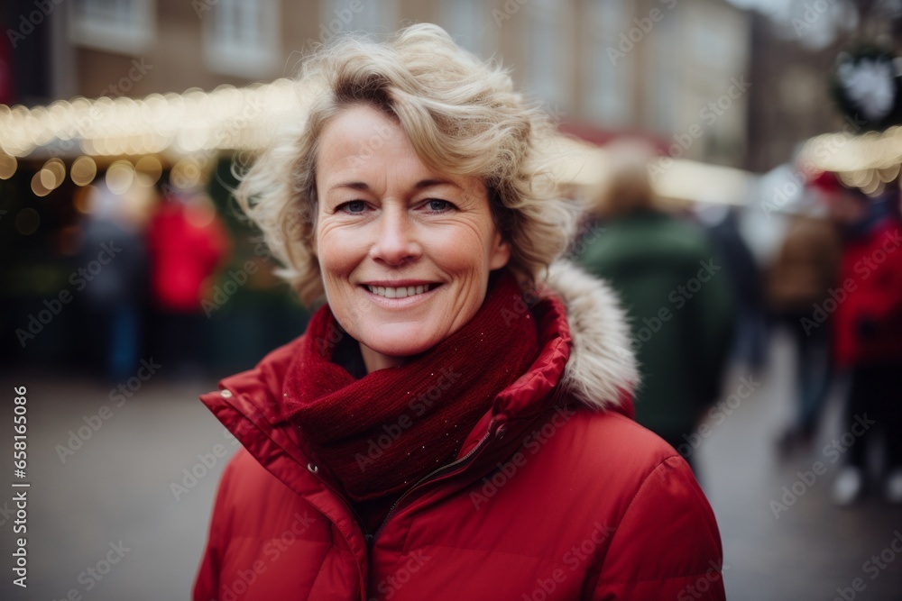 Portrait of smiling middle-aged woman in red jacket on Christmas market Portrait of smiling middle-aged woman in red jacket on Christmas market