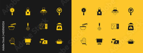 Set Fried eggs on frying pan, Cooking pot fire, Microwave oven, Kitchen meat grinder, Spatula, extractor fan, Frying and apron icon. Vector