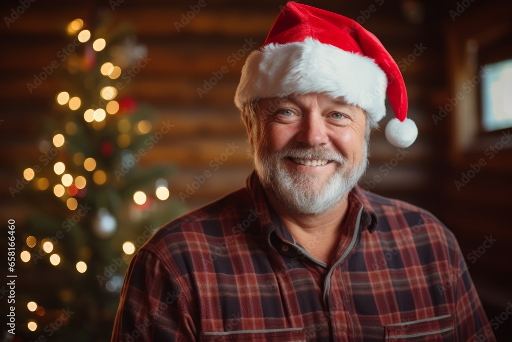 Portrait of happy senior man in Santa hat with Christmas tree in background. Portrait of happy senior man in Santa hat with Christmas tree in background.