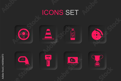 Set Car key with remote, Traffic cone, Racing steering wheel, helmet, brake disk caliper, Award cup, Nitrous oxide and mirror icon. Vector