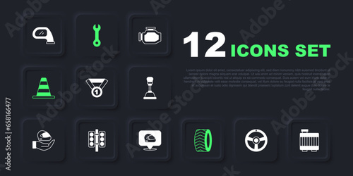 Set Racing steering wheel, Car radiator cooling system, Medal, tire, Traffic cone, traffic light, Wrench spanner and helmet icon. Vector
