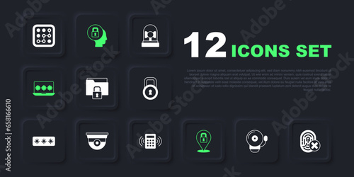 Set Ringing alarm bell, Cancelled fingerprint, Folder and lock, Lock, Laptop with password, Security camera, and keypad access panel icon. Vector