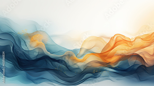 Watercolor Oil Painting of Blue and Yellow Wavy and Curve Abstract on Black Background