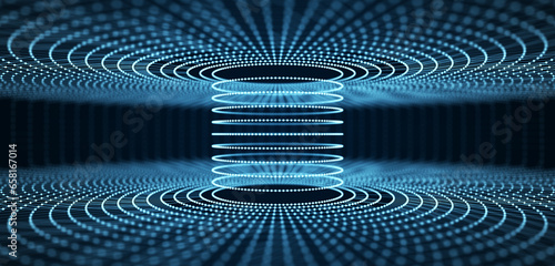 3d wireframe tunnel. Abstract background of lines and dots. Tunnel through space. Optical illusion. 3D rendering.