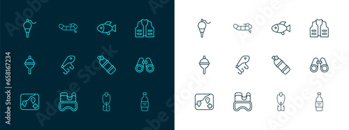 Set line Fishing jacket, Diving mask, Aqualung, lure, float and Inflatable boat with motor icon. Vector