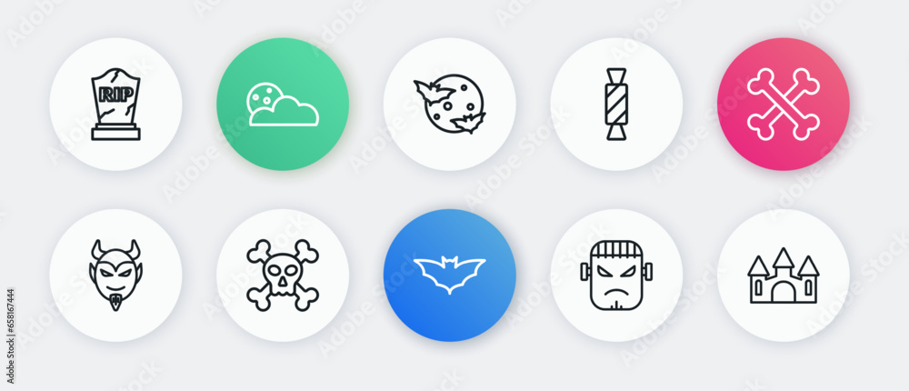Set line Flying bat, Crossed bones, Devil head, Frankenstein face, Candy, Moon stars, Castle and Skull crossbones icon. Vector Set line Flying bat, Crossed bones, Devil head, Frankenstein face, Candy, Moon stars, Castle and Skull crossbones icon. Vector