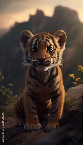 A Cute and Adorable Baby Tiger Sitting on a Mountain TopBackground