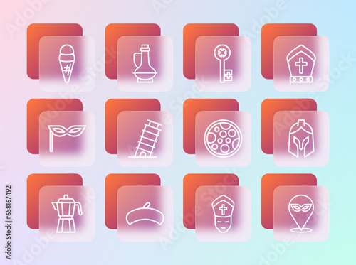 Set line Pope hat, French beret, Pizza, Leaning tower in Pisa, Old key, Ice cream waffle and Bottle of olive oil icon. Vector