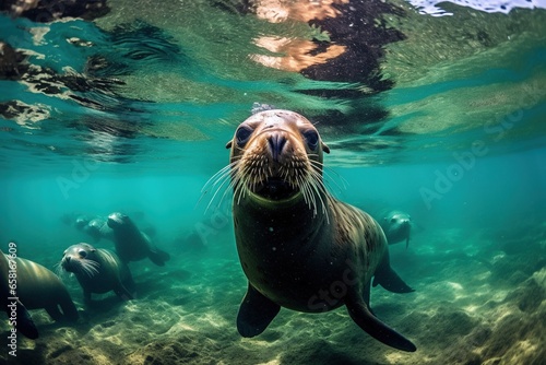 close up of sea lions on the beach photo