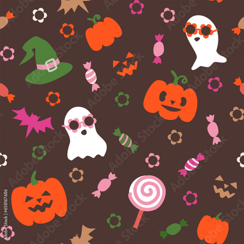 Seamless pattern with halloween pumpkins, groovy ghosts, witch hats, bats and candies on dark brown background. Suits as wallpaper, print, texture, wrapping.