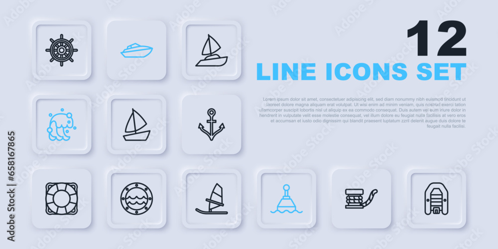 Fototapeta premium Set line Marine bollard with rope, Inflatable boat motor, Yacht sailboat, Floating buoy, Tsunami, Ship porthole, Speedboat and Windsurfing icon. Vector