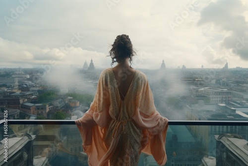 A traveler, adorned in an explorative outfit and viewed from behind, looks from a hotel balcony onto a bustling, fantastical city nestled within the clouds, weaving a tale of whimsical urban adventure photo