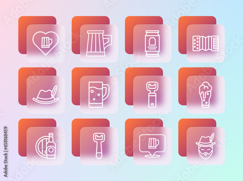 Set line Accordion, Bottle opener, Wooden beer mug, Glass of, Beer can, Heart with glass and icon. Vector