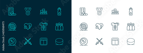Set line Fitness shaker, Fencing, Football jersey and t-shirt, Sport mechanical scoreboard, Heart rate, Award over sports winner podium, Sports doping with dumbbell and Medal icon. Vector