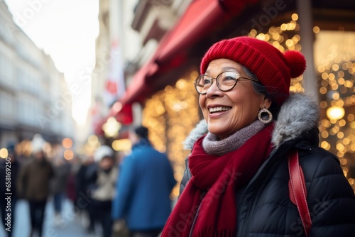 Portrait of cheerful senior woman in red hat and scarf walking on Christmas market in Paris, France