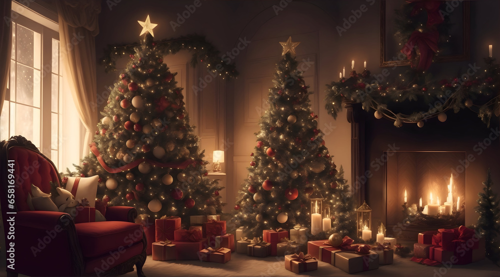 Christmas tree with candle light decoration room.