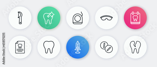 Set line Syringe, Calendar with tooth, Clipboard dental card, Toothache painkiller tablet, Safety goggle glasses, Dental floss, Broken and icon. Vector