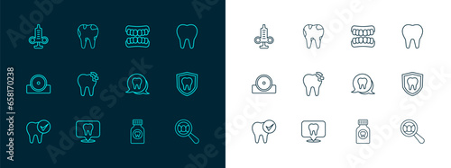 Set line Tooth, Dental clinic location, Toothache painkiller tablet, Broken tooth, Dentures model, Syringe and icon. Vector
