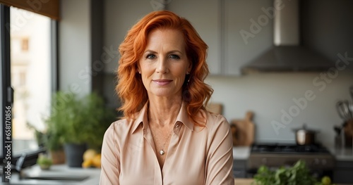 Confident stylish mature mid aged short redhead woman standing at her modern home kitchen. Generative AI. photo