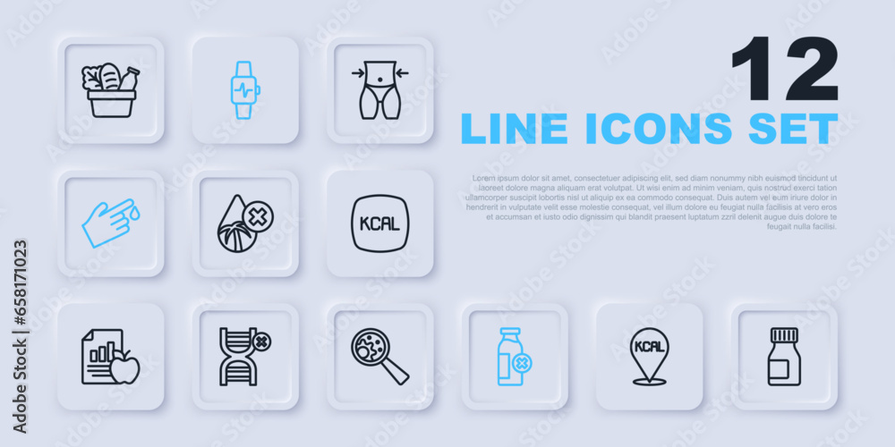 Set line Kcal, Vitamins, Palm oil free, Lactose intolerance, Finger blood, No GMO, Smart watch with heart and icon. Vector Set line Kcal, Vitamins, Palm oil free, Lactose intolerance, Finger blood, No GMO, Smart watch with heart and icon. Vector