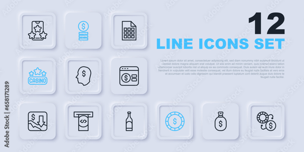 Set line Money bag, Casino chips exchange, Lucky player, with dollar, signboard, Automated teller machine and money, and Bottle of wine icon. Vector Set line Money bag, Casino chips exchange, Lucky player, with dollar, signboard, Automated teller machine and money, and Bottle of wine icon. Vector