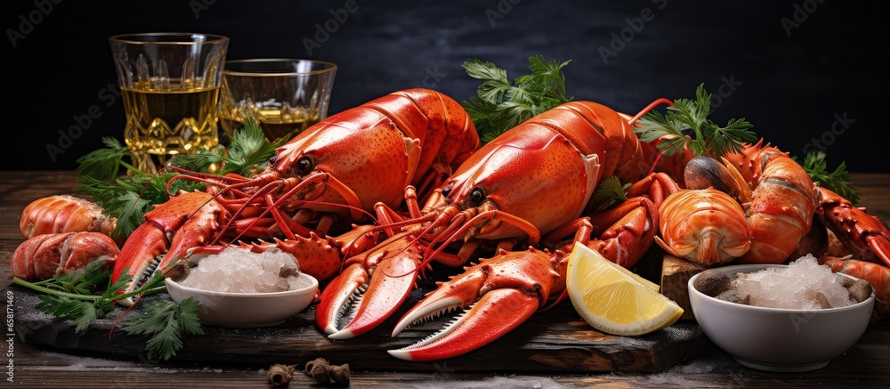 Seafood dish featuring lobster mussels and oysters - obrazy, fototapety, plakaty 
