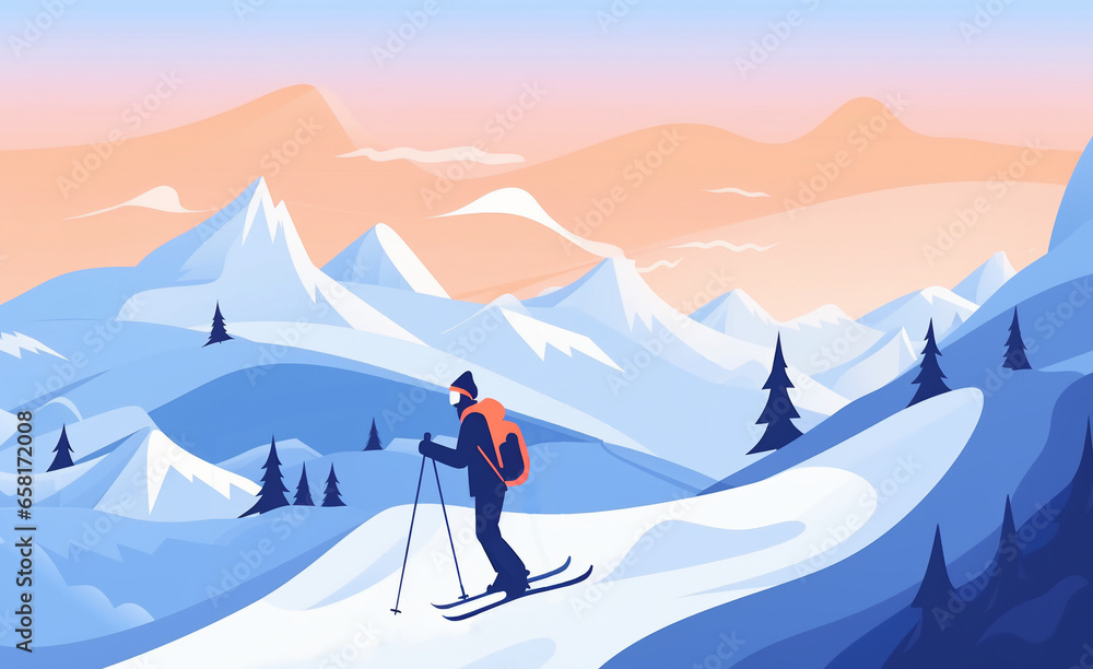 Ski. illustration of a jumping snowboarder in trendy flat style, isolated on snow mountains background