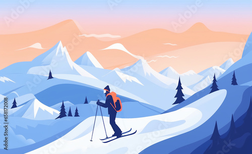 Ski. illustration of a jumping snowboarder in trendy flat style, isolated on snow mountains background