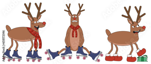 Christmas set with Groovy xmas Character in trendy Y2K style. Collection of Holiday icon, sticker, symbol and elements isolated white background. Vector illustration. Emoticon Reindeer.
