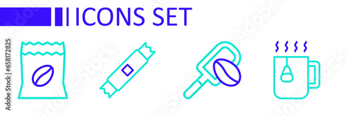 Set line Cup of tea with bag, Spatula coffee grain, Sugar stick packets and Bag beans icon. Vector