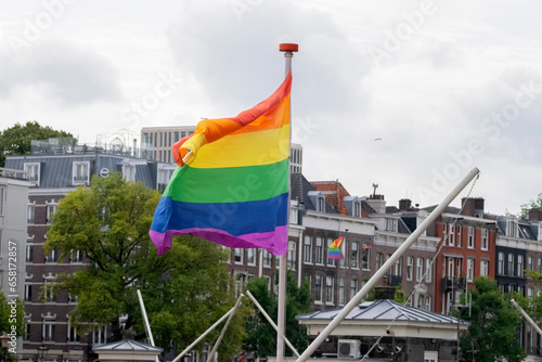 Close Up Gaypride Flag At Amsterdam The Netherlands 5-8-2023 photo