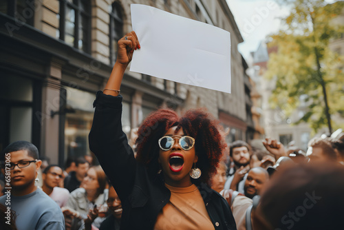 Black woman in the streets protesting, holding a sign