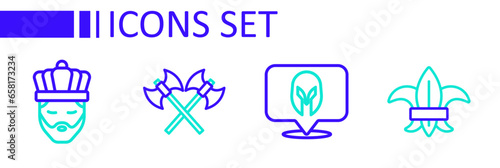 Set line Fleur de lys or lily flower, Medieval helmet, Crossed medieval axes and King with crown icon. Vector
