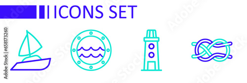 Set line Nautical rope knots, Lighthouse, Ship porthole and Yacht sailboat icon. Vector