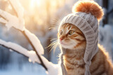 Cute fluffy red kitten wearing funny knitted hat in snowy winter forest on sunny evening.
