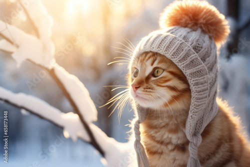 Fotótapéta Cute fluffy red kitten wearing funny knitted hat in snowy winter forest on sunny evening