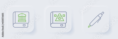Set line Pen, Ancient magic book and Law icon. Vector
