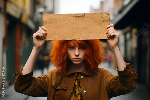 Woman in the streets protesting, holding a sign